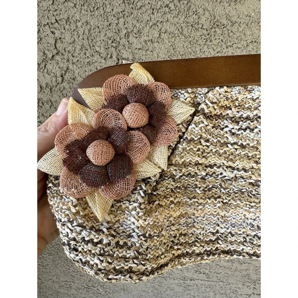 Sandra Robert’s Squared Raffia Weave Wooden Framed Clutch Boho Earthy Beige